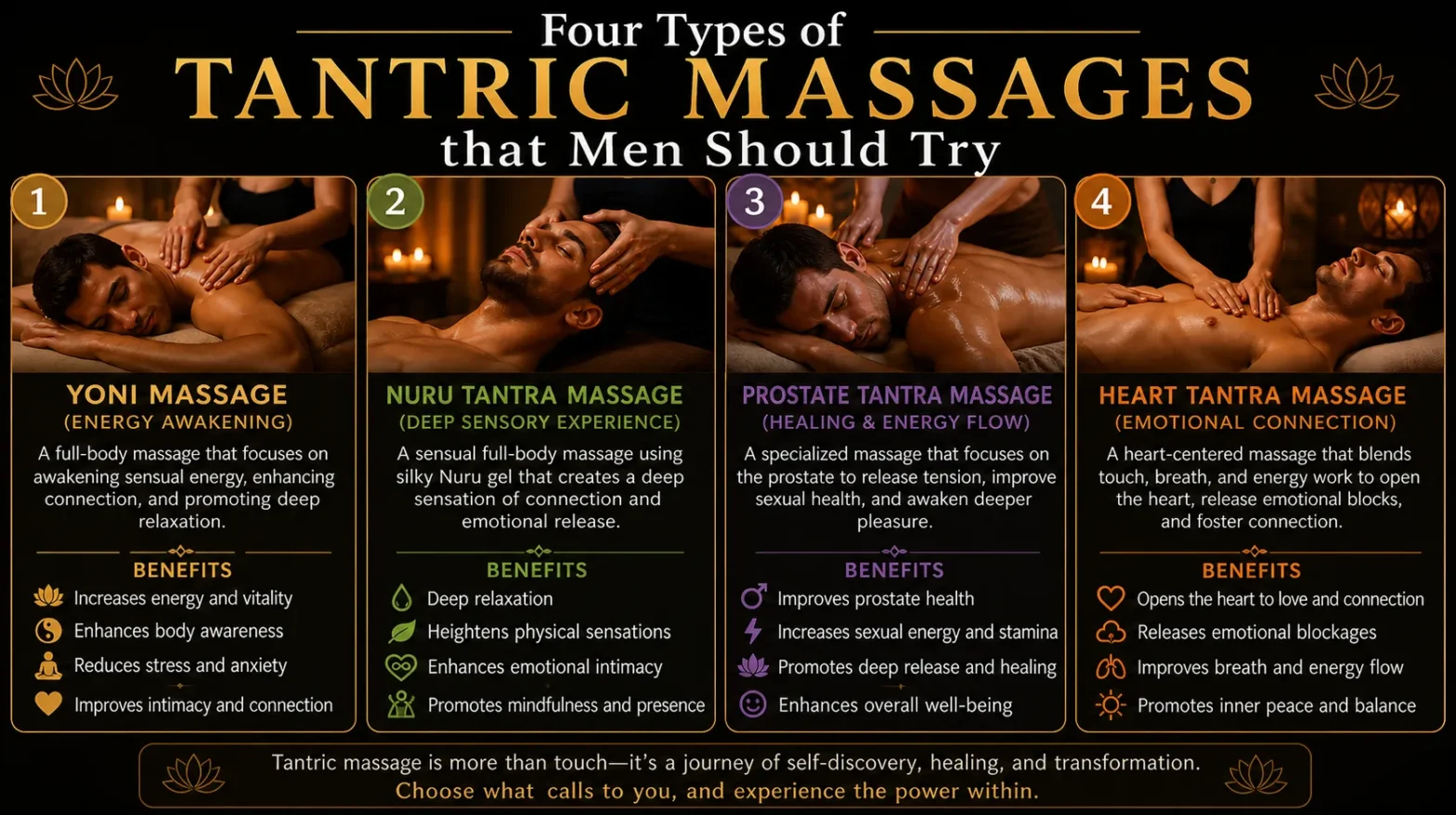 Explore four popular tantric massage styles for men that promote relaxation, balance, and wellbeing in a calm, professional setting.